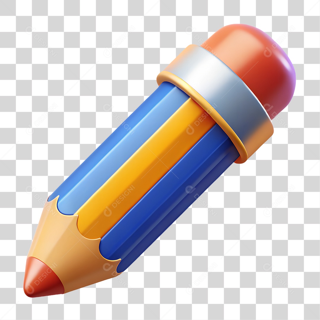 Lápis Azul Amarelo e Vermelho Elemento 3D para Composição PNG Transparente