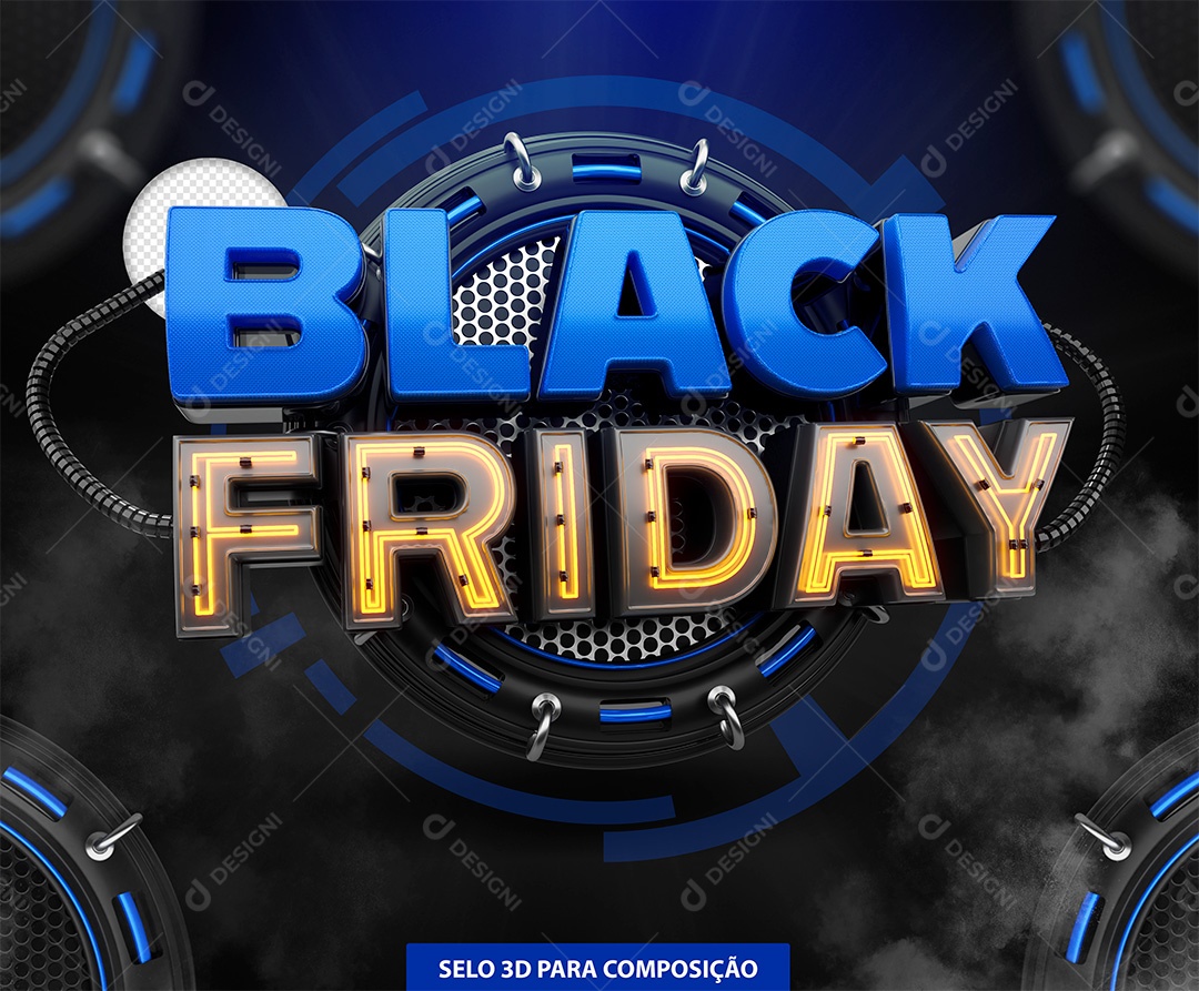 Black Friday Selo 3D Azul com Lud de Led Laranja para Composição PSD