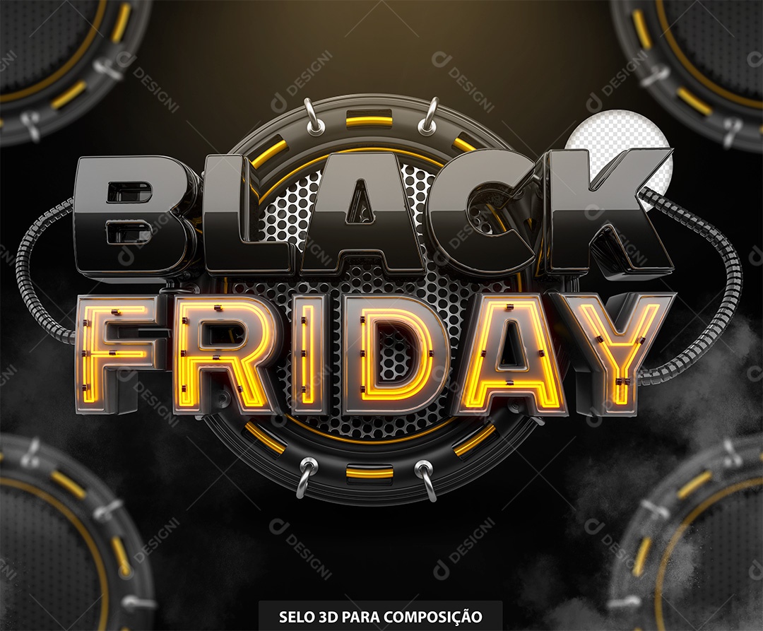 Black Friday Selo 3D Preto com Lud de Led Laranja para Composição PSD