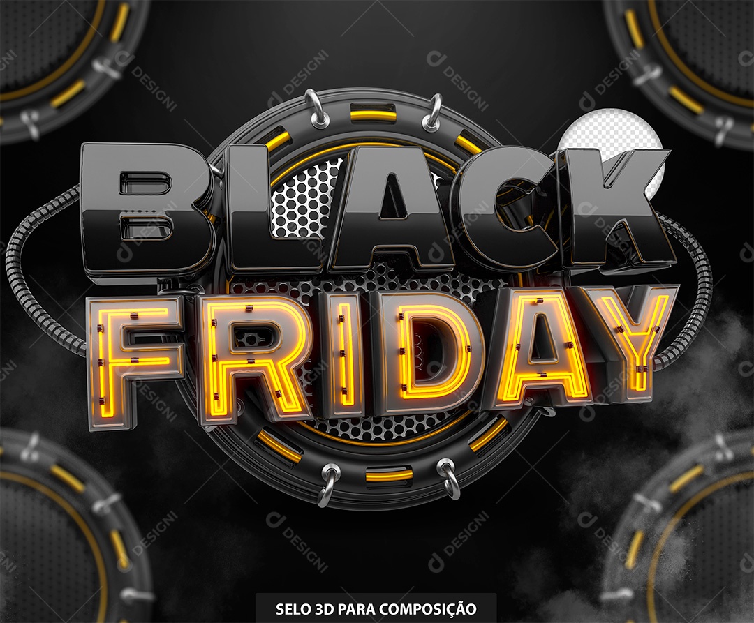 Black Friday Selo 3D Preto com Lud de Led Laranja para Composição PSD