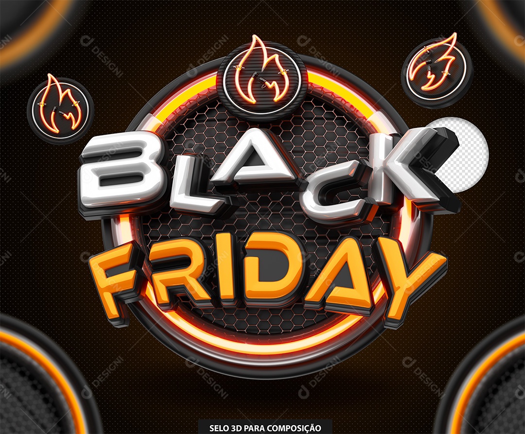 Black Friday Selo 3D Branco e Laranja para Composição PSD