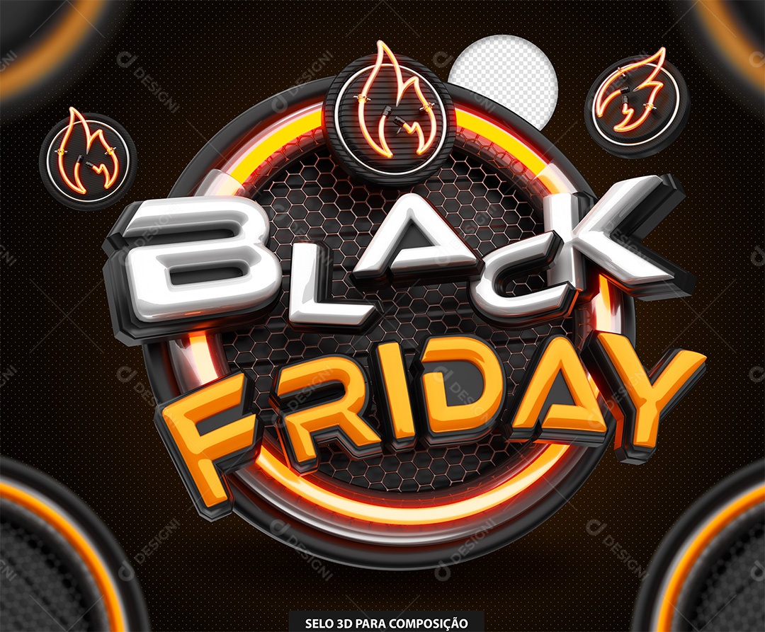 Black Friday Selo 3D Branco e Laranja para Composição PSD