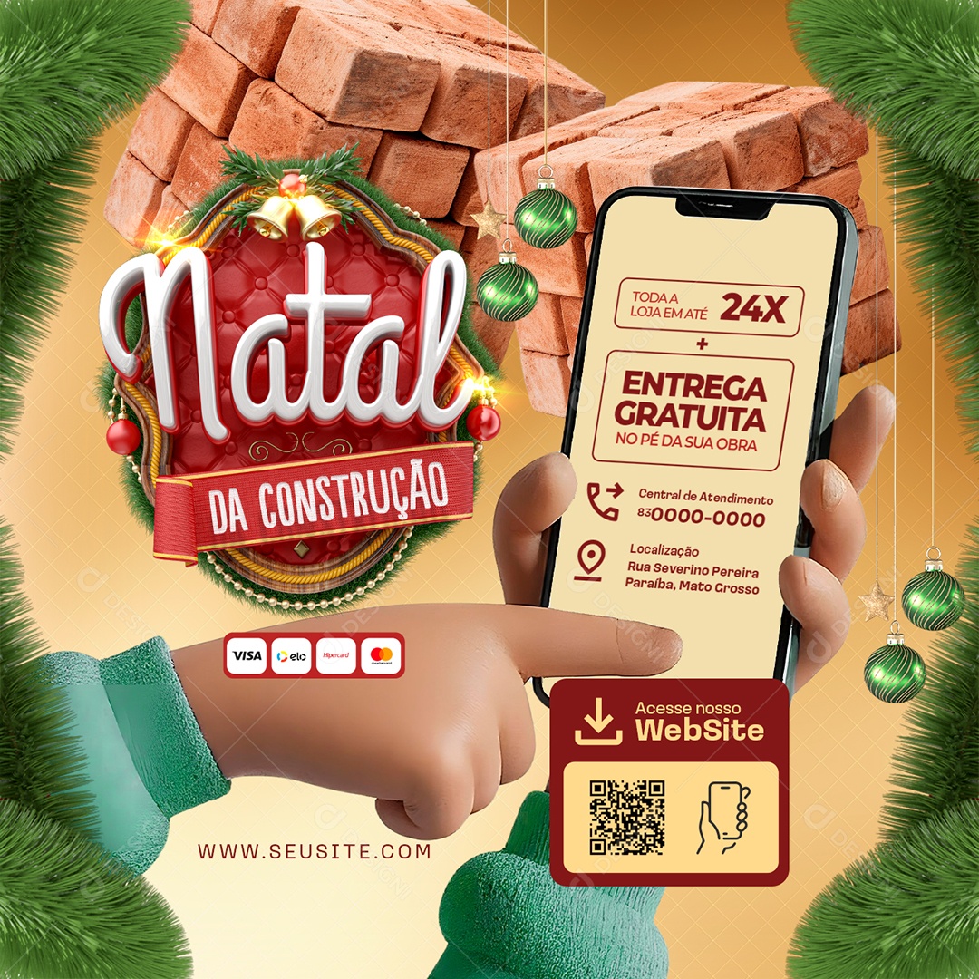Natal de Construção Tijolos Entrega Gratuita Social Media PSD Editável