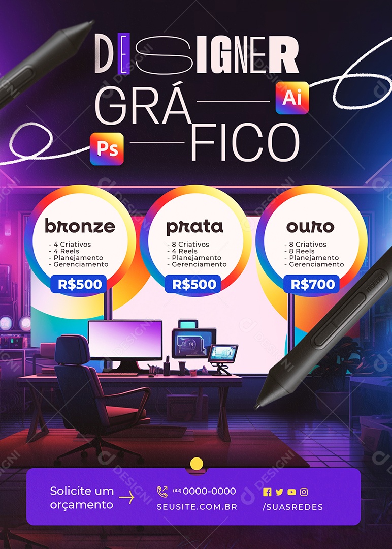 Flyer Designer Gráfico Planos Bronze Prata Ouro Social Media PSD Editável