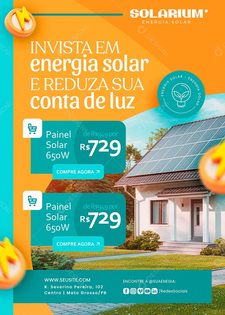 Flyer Energia Solar Invista Painel Solar Social Media PSD Editável
