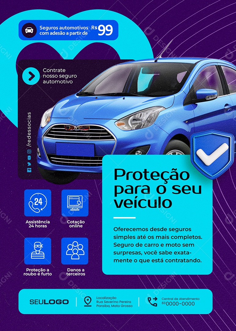 Flyer Seguro Automóvel Proteção Para o Seu Veículo Social Media PSD Editável
