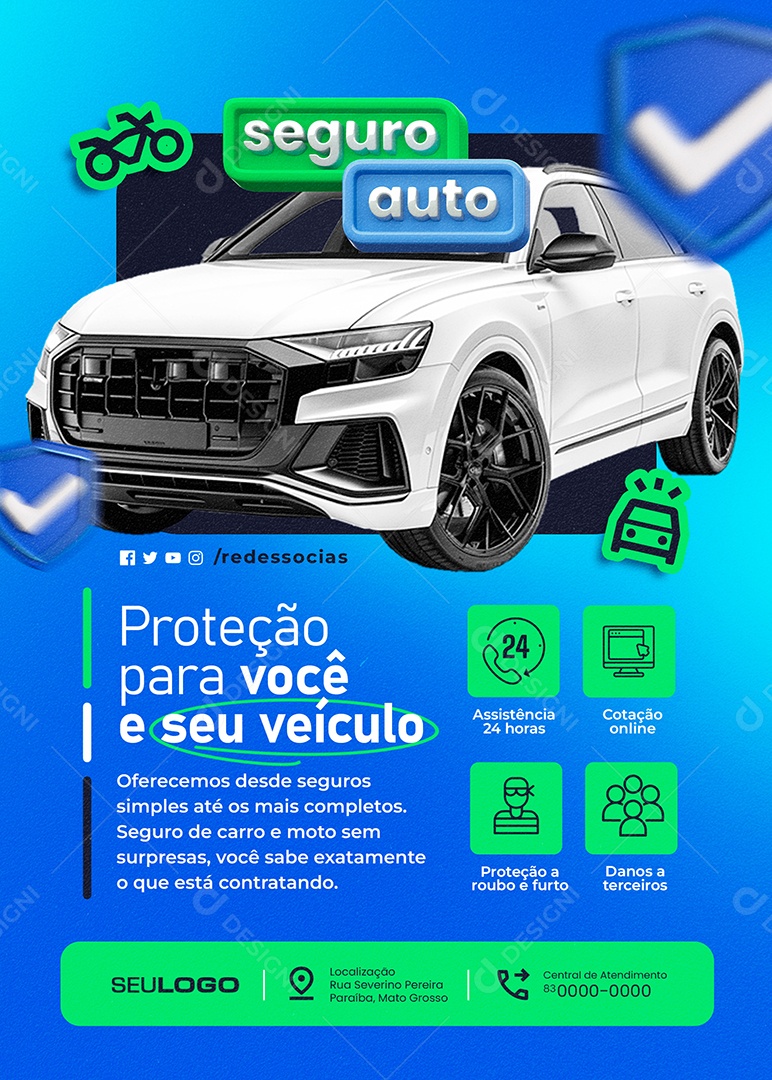 Flyer Seguro Automóvel Seguro Auto Social Media PSD Editável