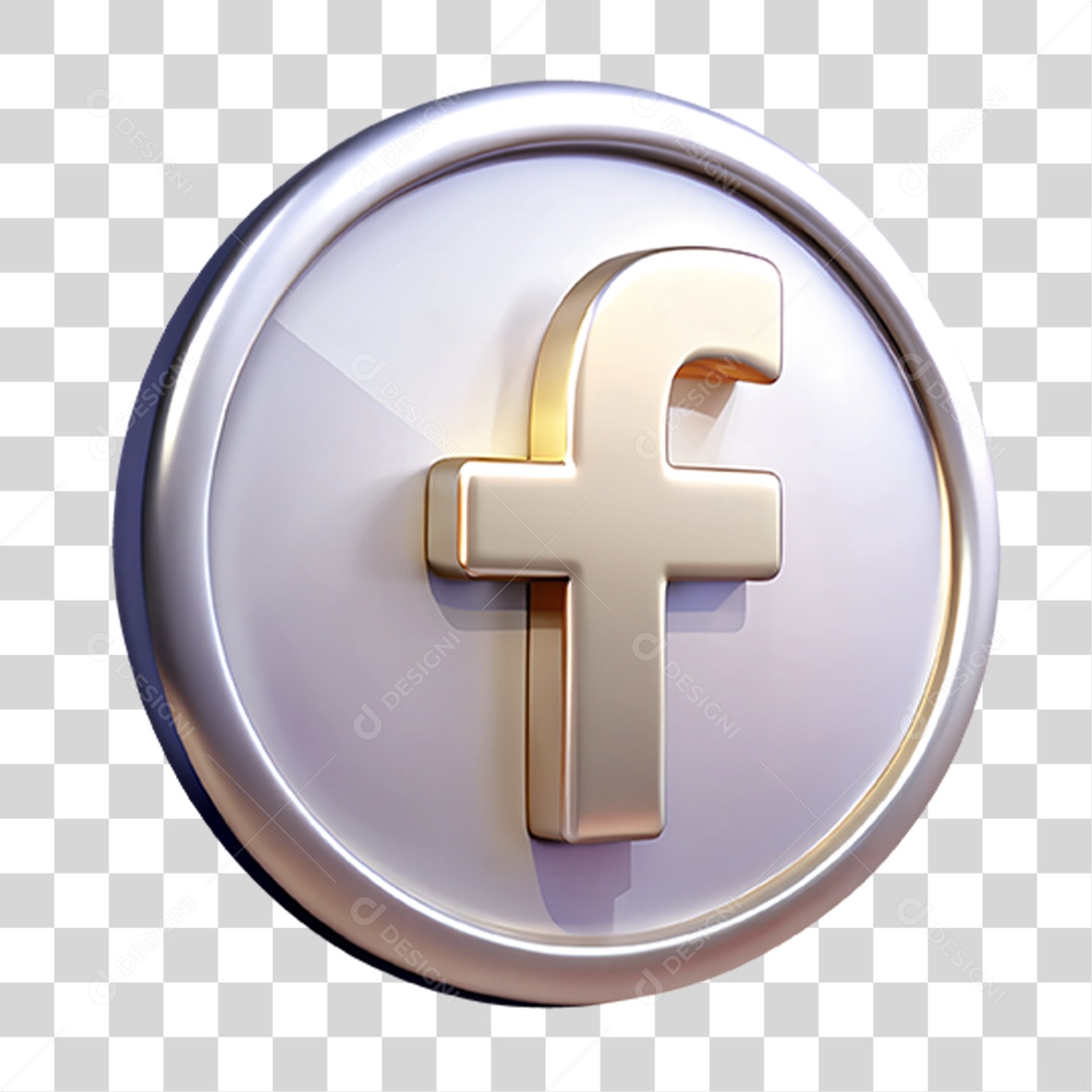 Ícone Metálico Facebook Elemento 3D para Composição PNG Transparente