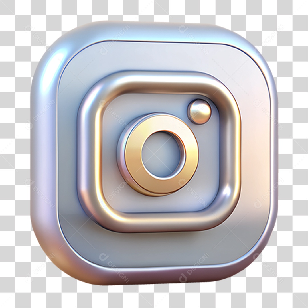 Ícone Metálico Instagram Elemento 3D para Composição PNG Transparente
