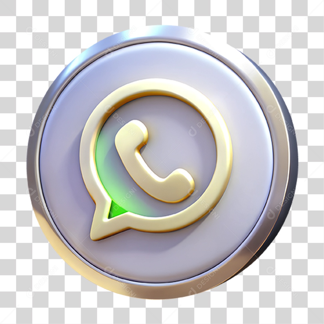 Ícone Metálico Whatsapp Elemento 3D para Composição PNG Transparente