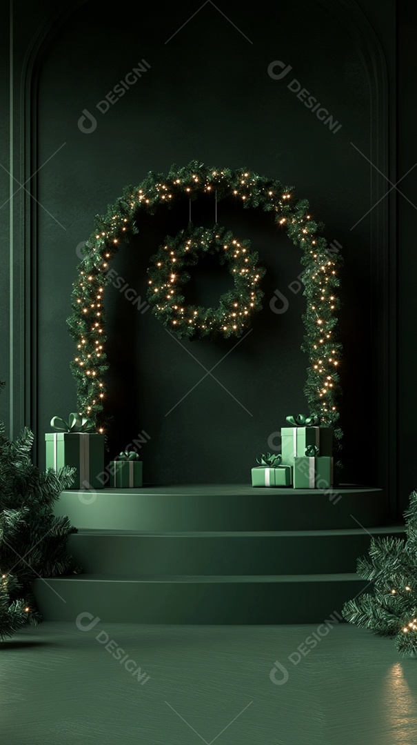 Pódio renderizado em 3D com decoração de Natal