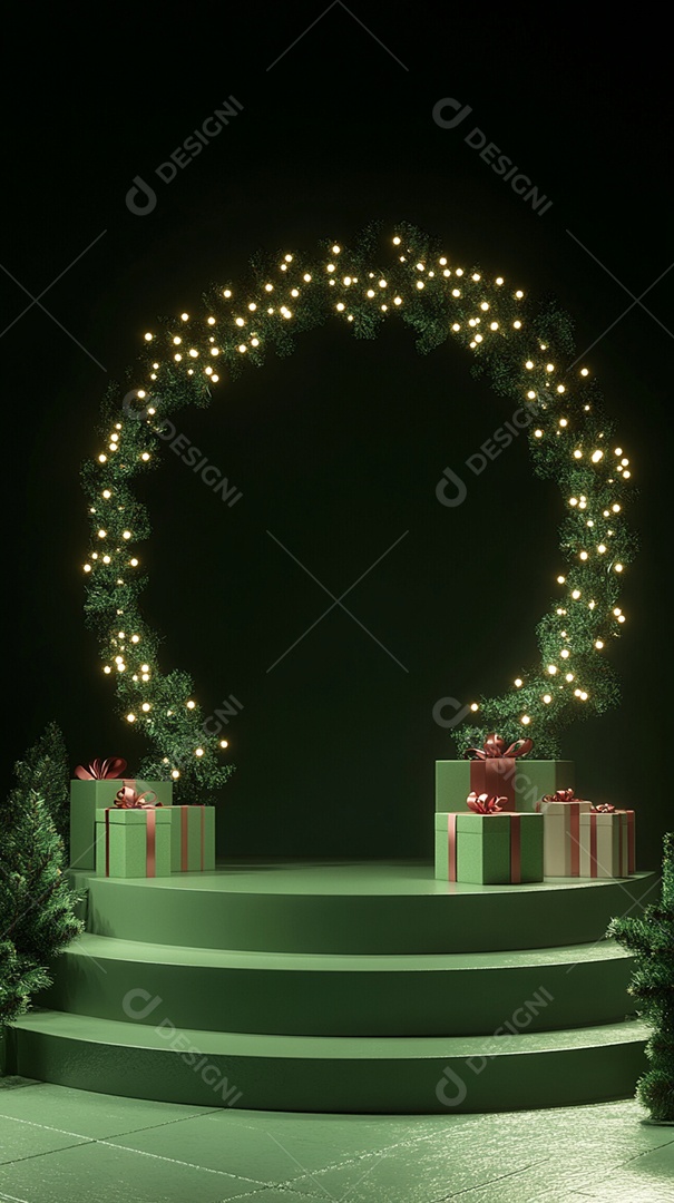 Pódio renderizado em 3D com decoração de Natal