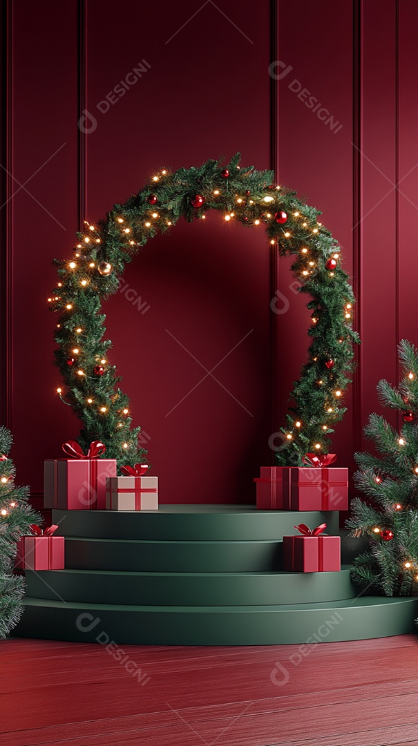 Pódio renderizado em 3D com decoração de Natal