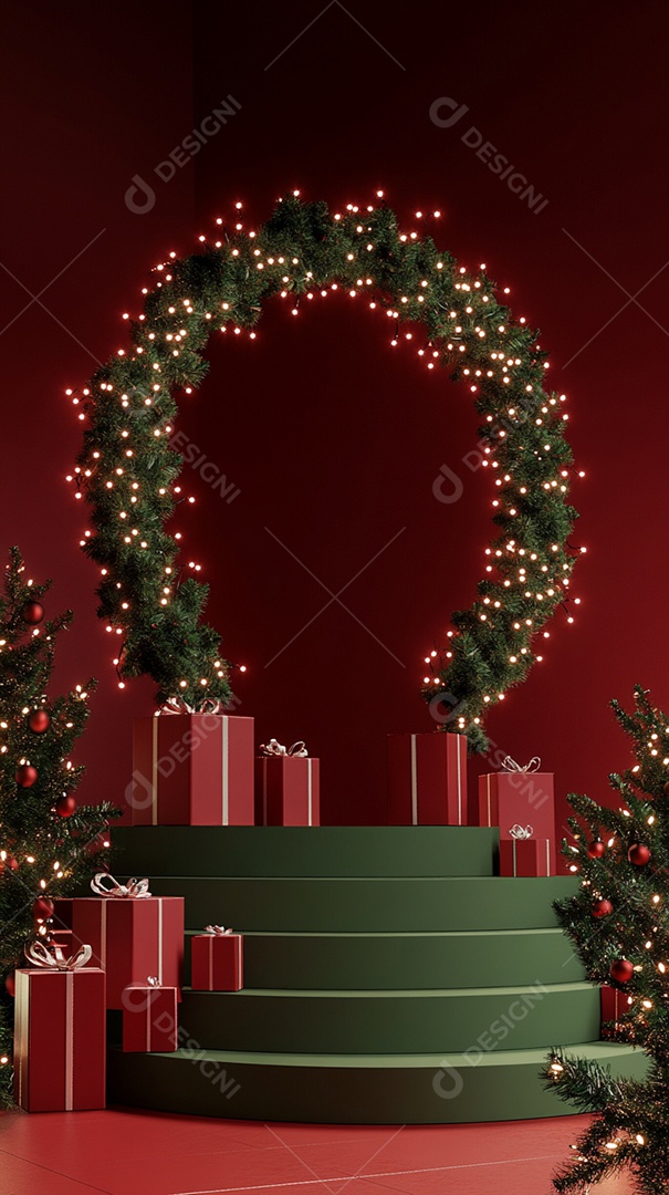 Pódio renderizado em 3D com decoração de Natal