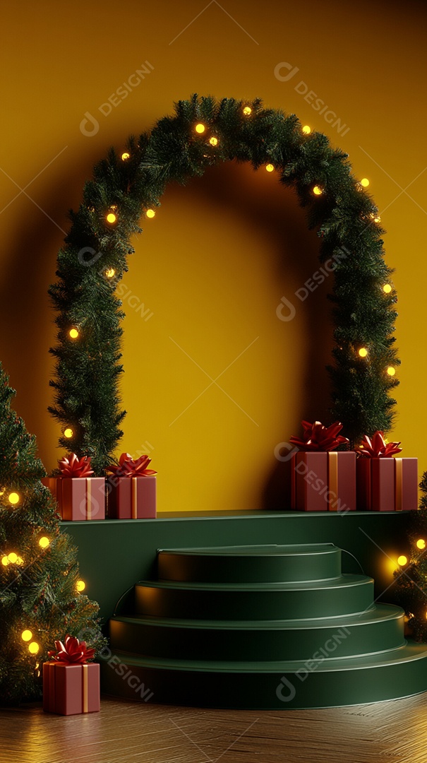 Pódio renderizado em 3D com decoração de Natal