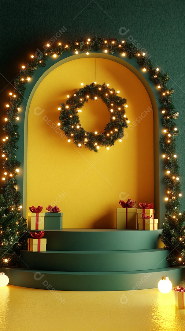 3D rendered podium with Christmas decoration