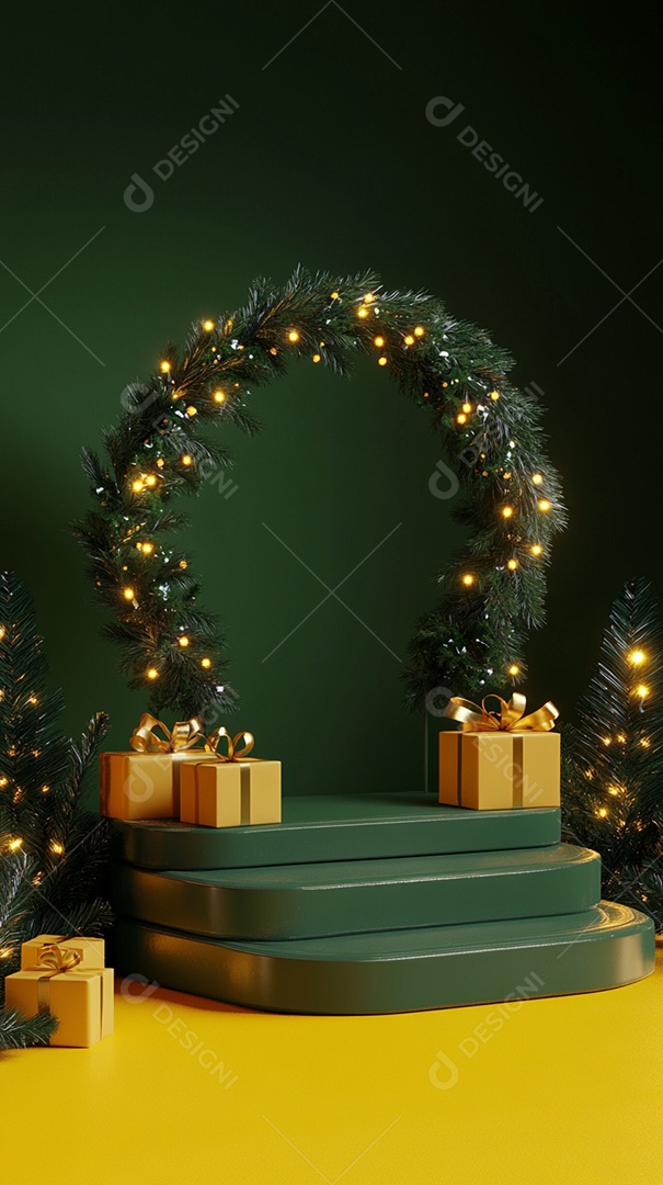 Pódio renderizado em 3D com decoração de Natal