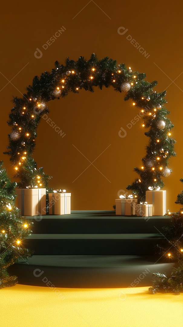 Pódio renderizado em 3D com decoração de Natal