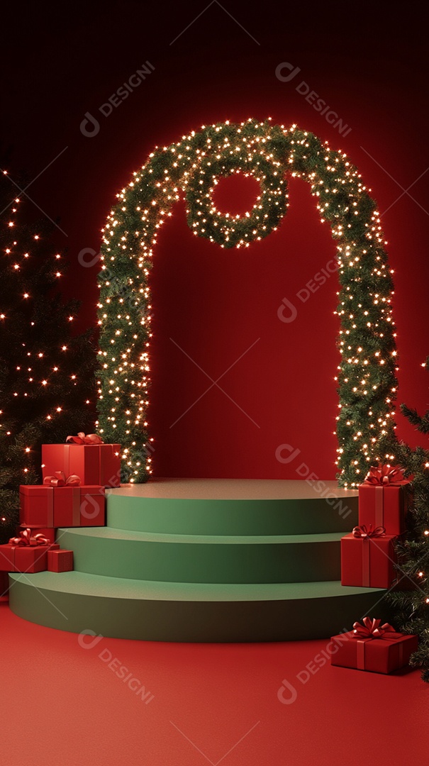 Pódio renderizado em 3D com decoração de Natal