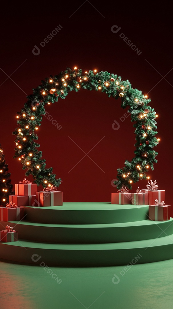 Pódio renderizado em 3D com decoração de Natal