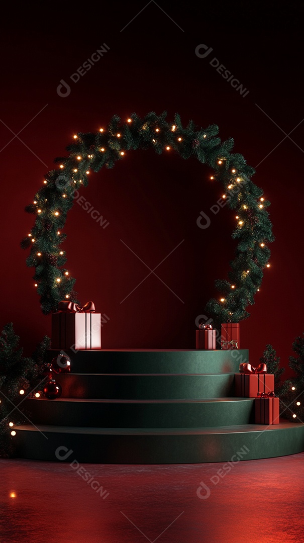 Pódio renderizado em 3D com decoração de Natal