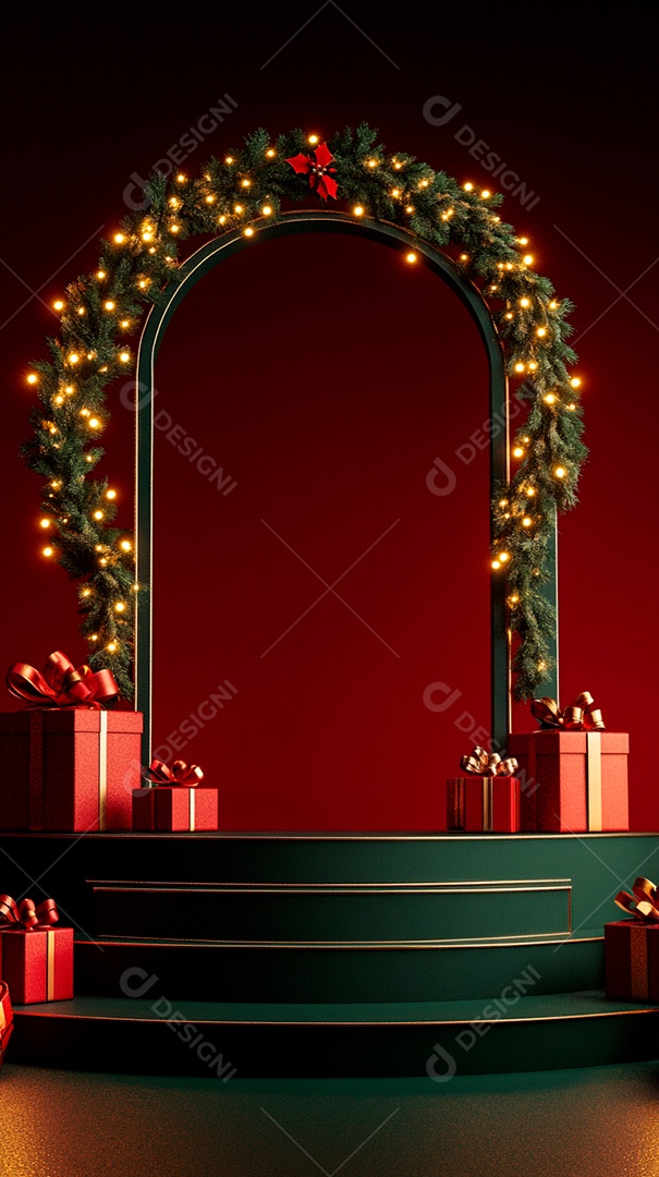 Pódio renderizado em 3D com decoração de Natal