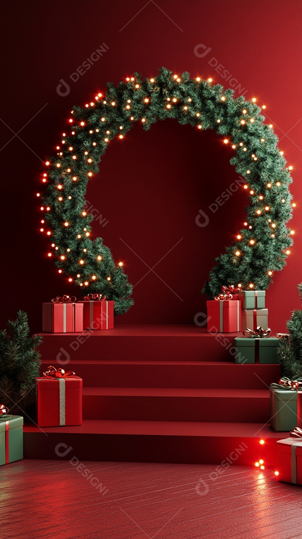 Pódio renderizado em 3D com decoração de Natal