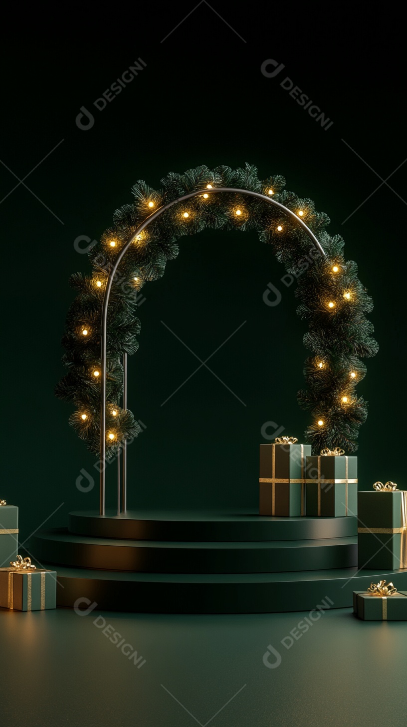 Pódio renderizado em 3D com decoração de Natal