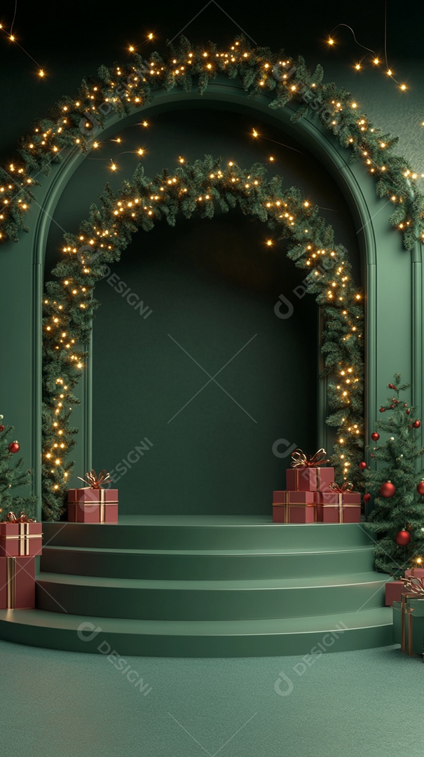 Pódio renderizado em 3D com decoração de Natal
