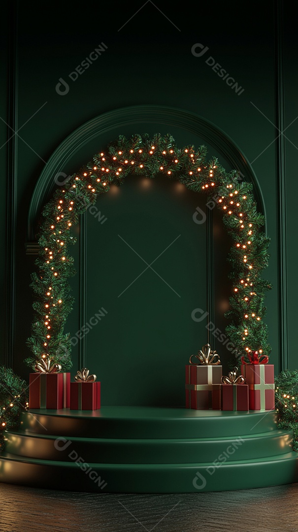 Pódio renderizado em 3D com decoração de Natal