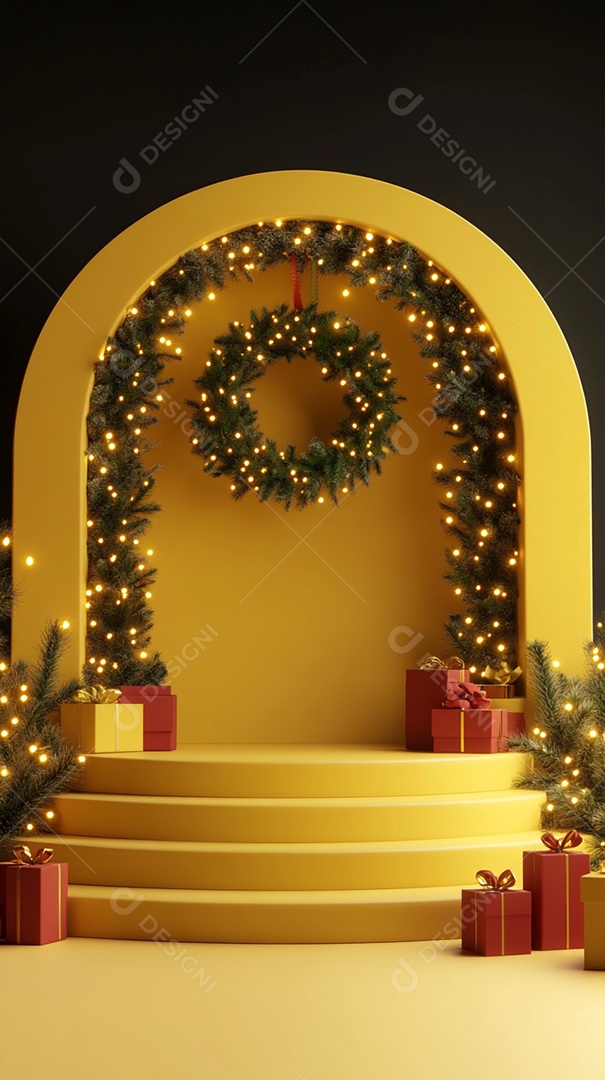 Pódio renderizado em 3D com decoração de Natal