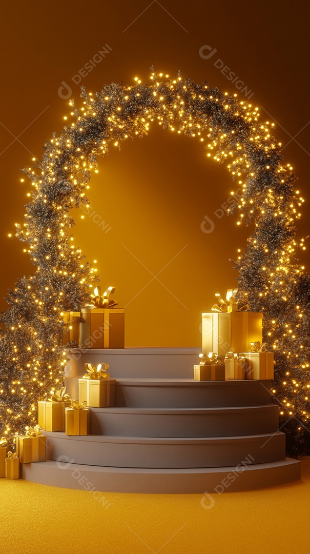 Pódio renderizado em 3D com decoração de Natal
