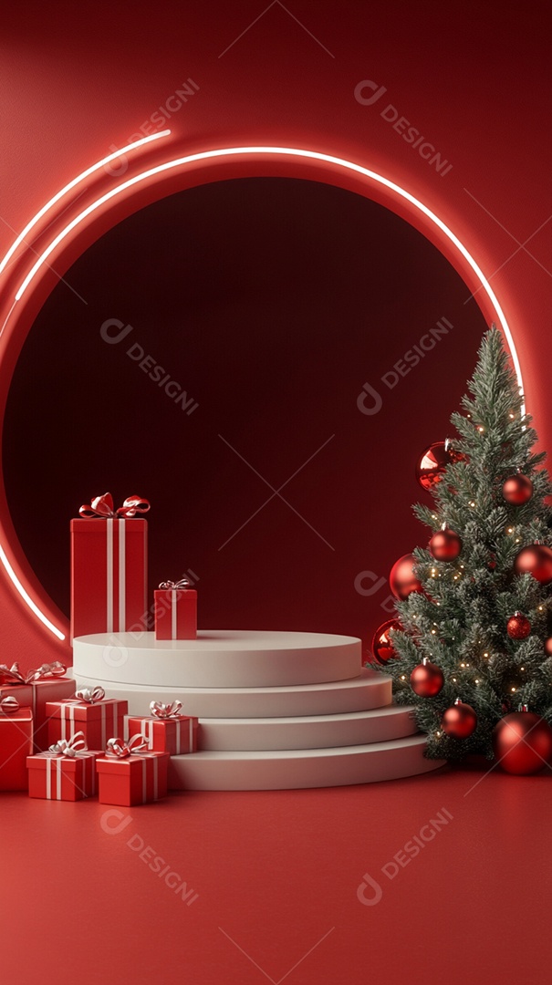 Pódio renderizado em 3D com decoração de Natal