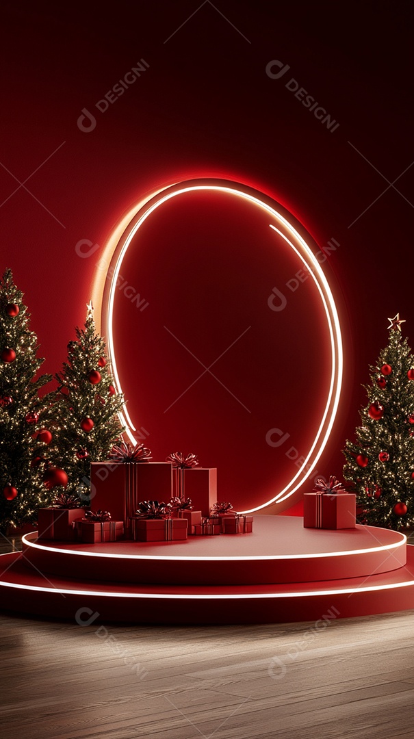Pódio renderizado em 3D com decoração de Natal