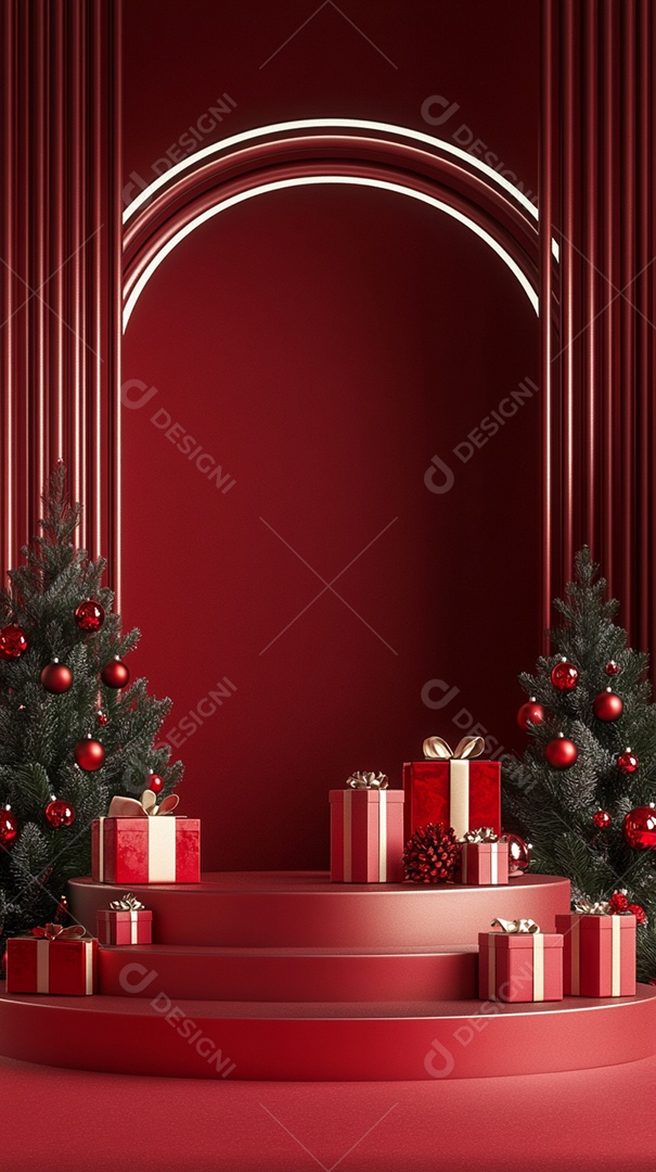 Pódio renderizado em 3D com decoração de Natal