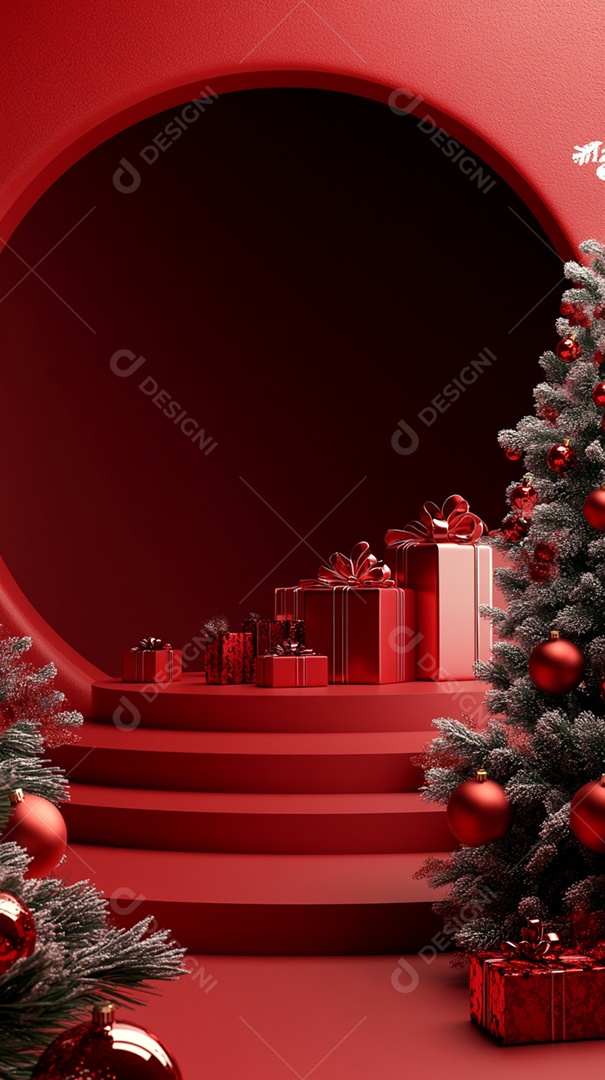 Pódio renderizado em 3D com decoração de Natal
