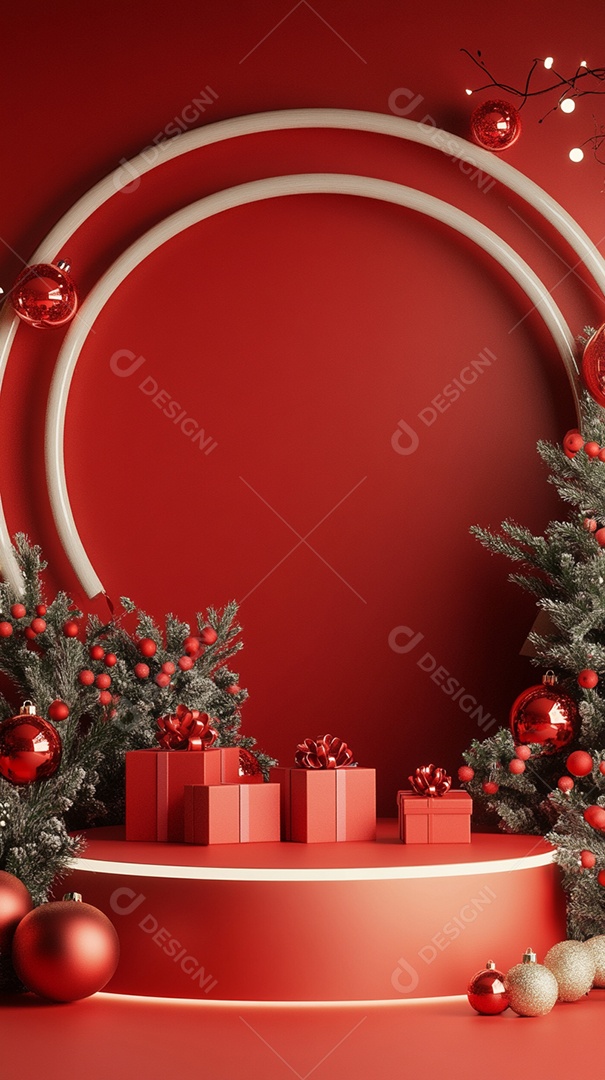 Pódio renderizado em 3D com decoração de Natal