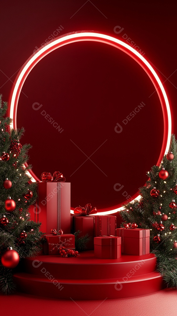 Pódio renderizado em 3D com decoração de Natal