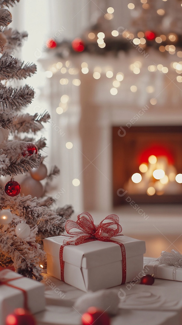 Uma árvore de Natal com presentes contra um fundo