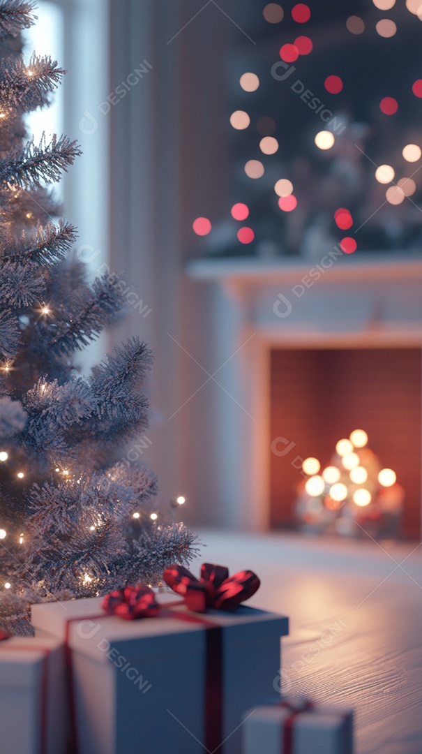 Uma árvore de Natal com presentes contra um fundo