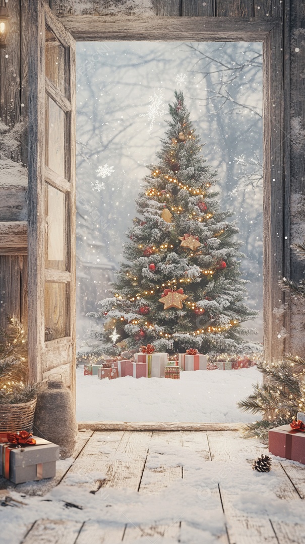 Uma árvore de Natal com presentes contra um fundo