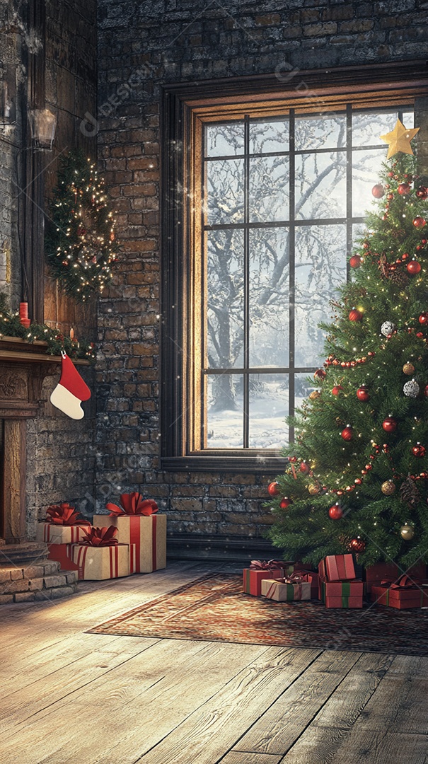 Uma árvore de Natal com presentes contra um fund