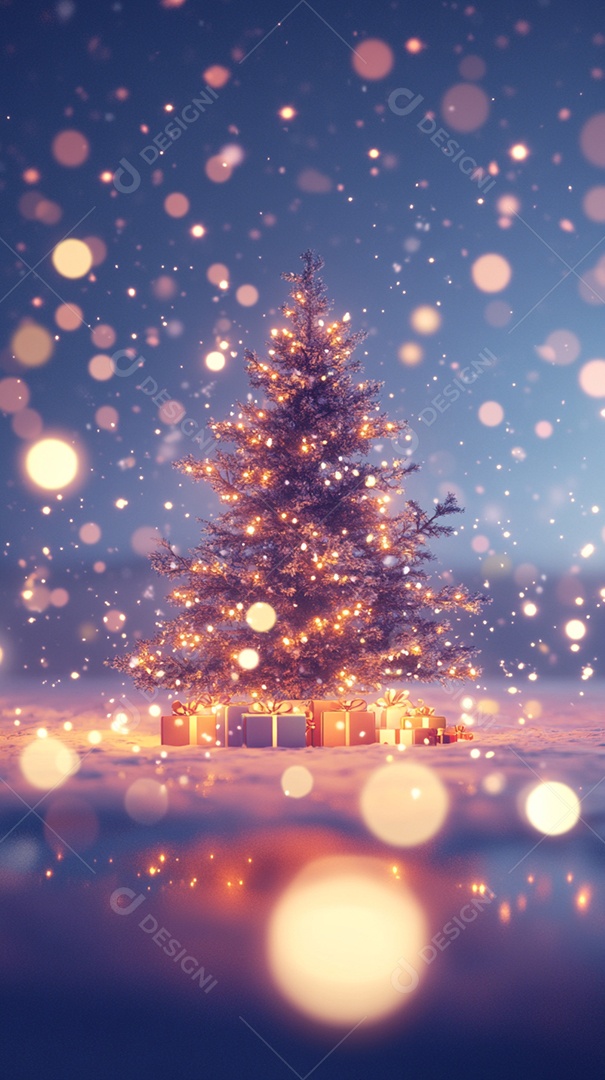 Uma árvore de Natal com presentes contra um fundo