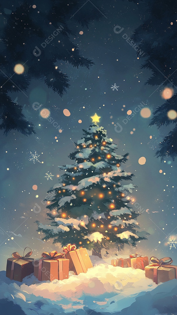 Uma árvore de Natal com presentes contra um fundo