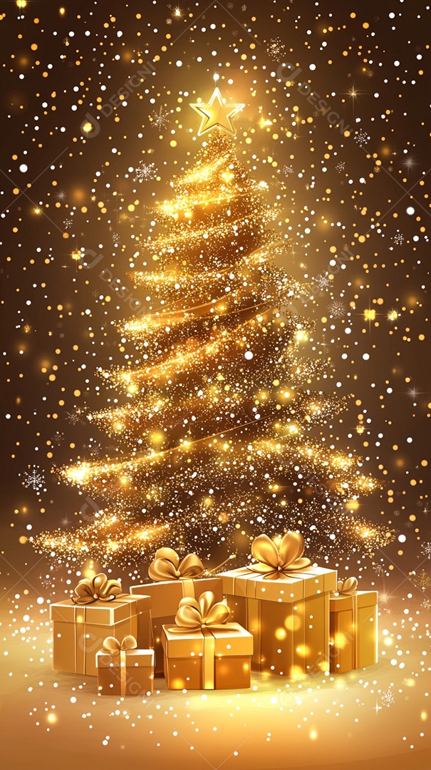 Uma árvore de Natal com presentes contra um fundo