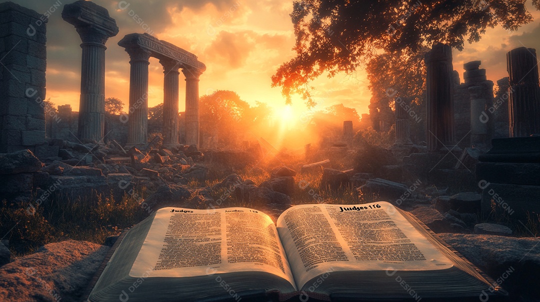 Bíblia aberta sobre fundo destruição