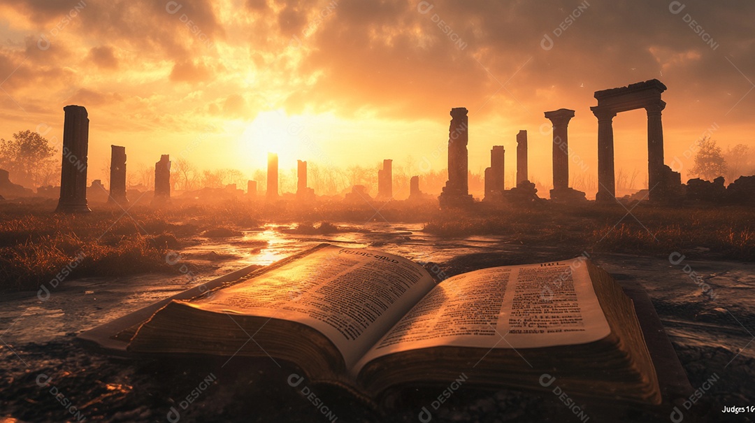 Bíblia aberta sobre fundo destruição