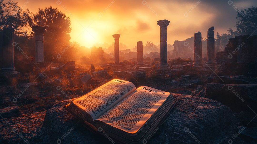 Bíblia aberta sobre fundo destruição