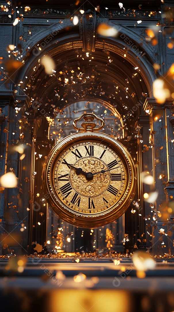 Um relógio dourado com algarismos romanos