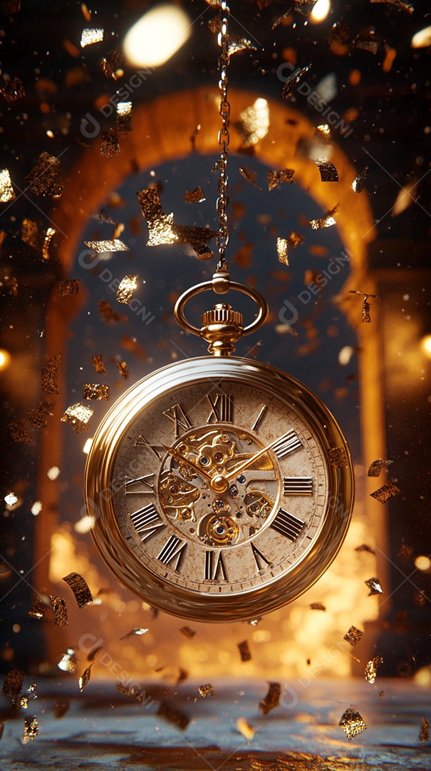 Um relógio dourado com algarismos romanos